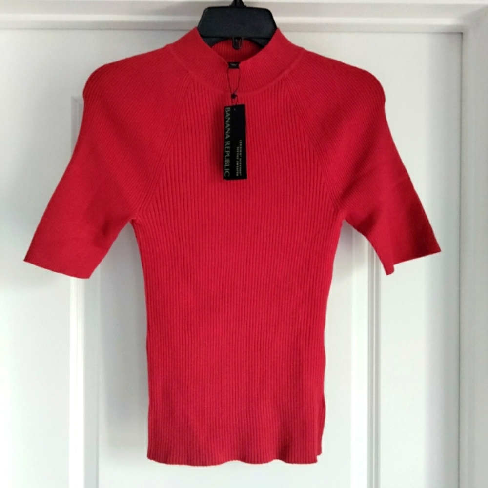 NWT S BR Red Knit Lenzing Ecovero Serene Short Sleeve Sweater Top NEW